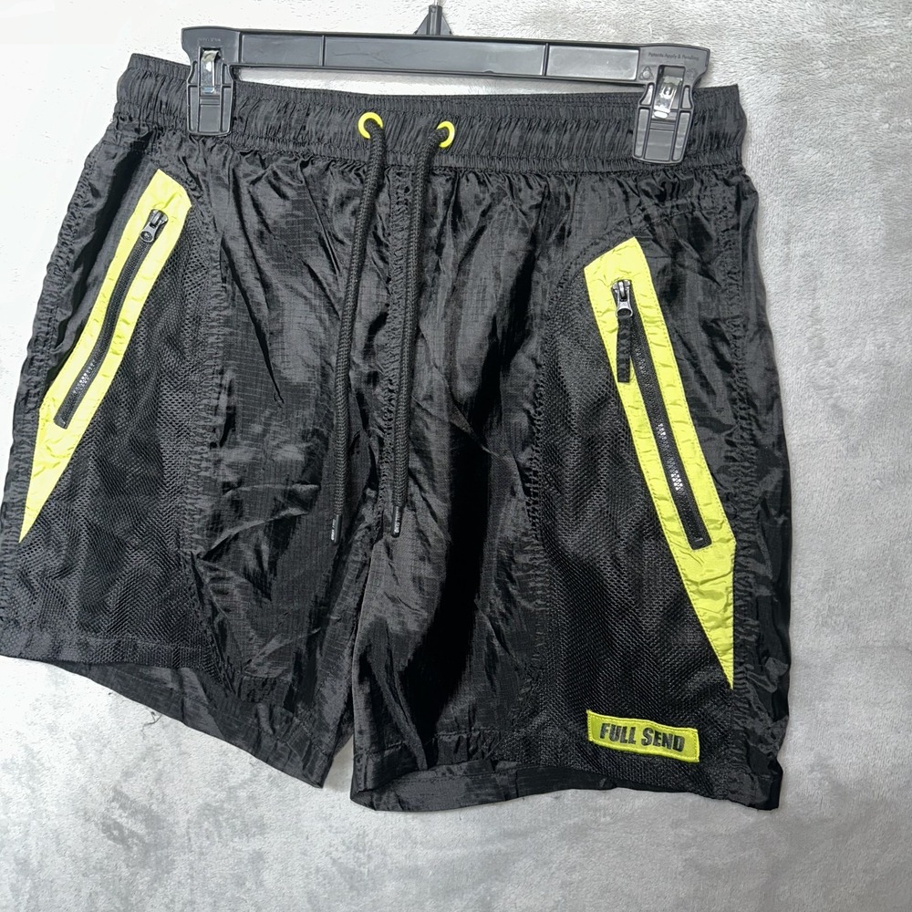 Full Send Swim Trunks Shorts Black Neon Yellow Zip Pockets Unlined Men's Small